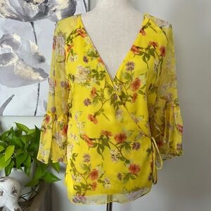 Ralph Lauren Top Womens Small Yellow Floral Flare Sleeve Boho Fairy Cottagecore